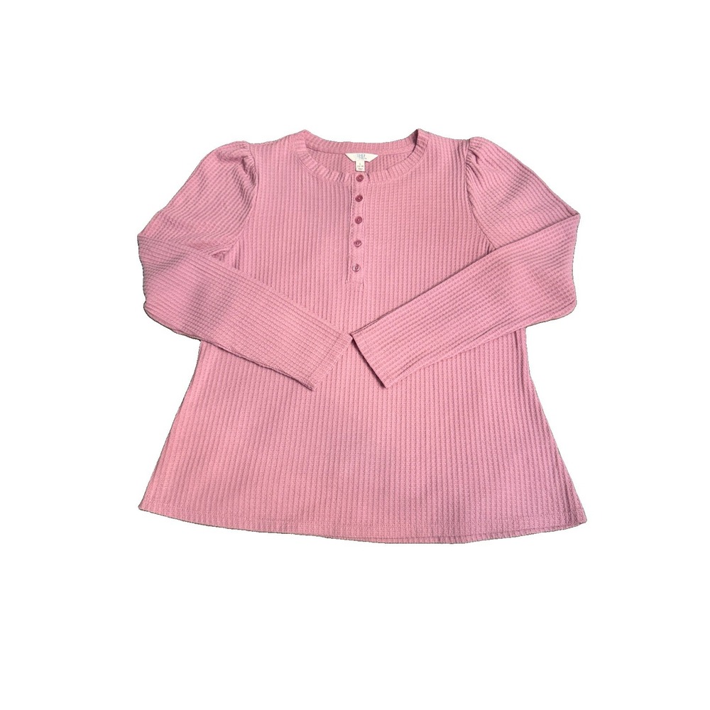 Soft Waffle Knit Henley Top Womens L Thermal Puff Sleeves Layer Soft Girl Boho